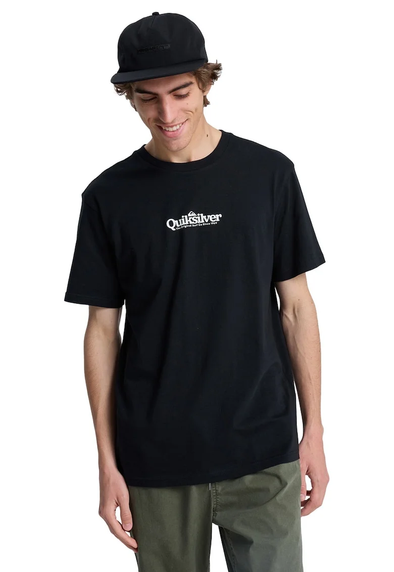 Tricou cu imprimeu logo si decolteu la baza gatului Fineline, Alb/Negru