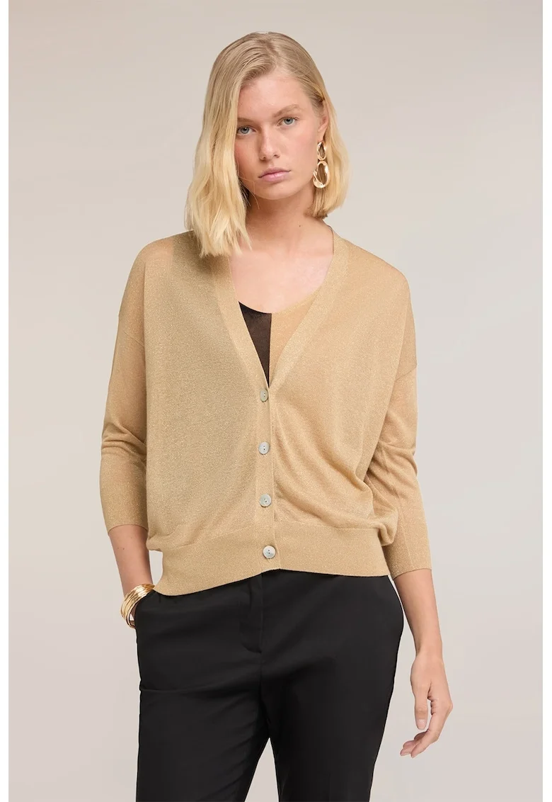 Cardigan cu decolteu in V si aspect stralucitor, Maro camel