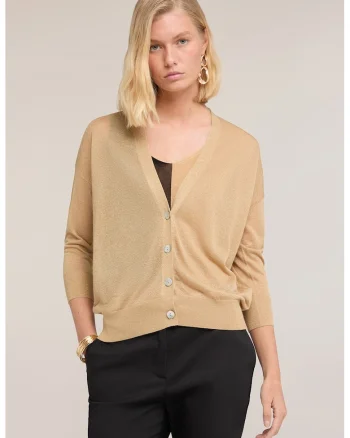 Cardigan cu decolteu in V si aspect stralucitor, Maro camel