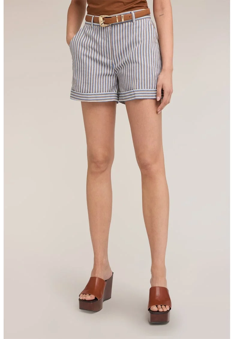 Pantaloni scurti cu model in dungi si talie medie, Alb/Albastru deschis