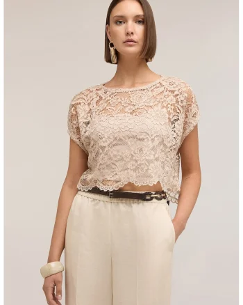 Bluza crop din dantela, Bej deschis