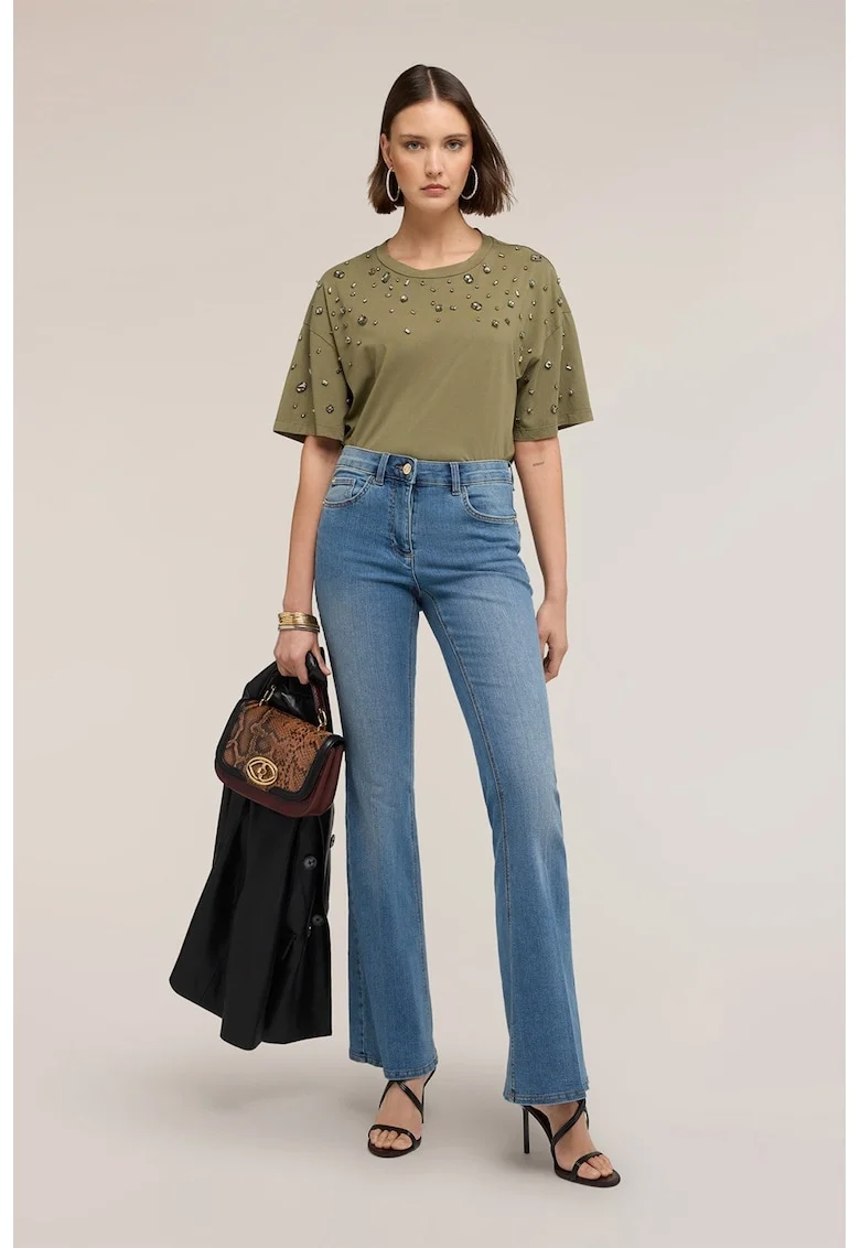 Tricou cu maneci cazute si decorat cu strasuri, Verde masliniu