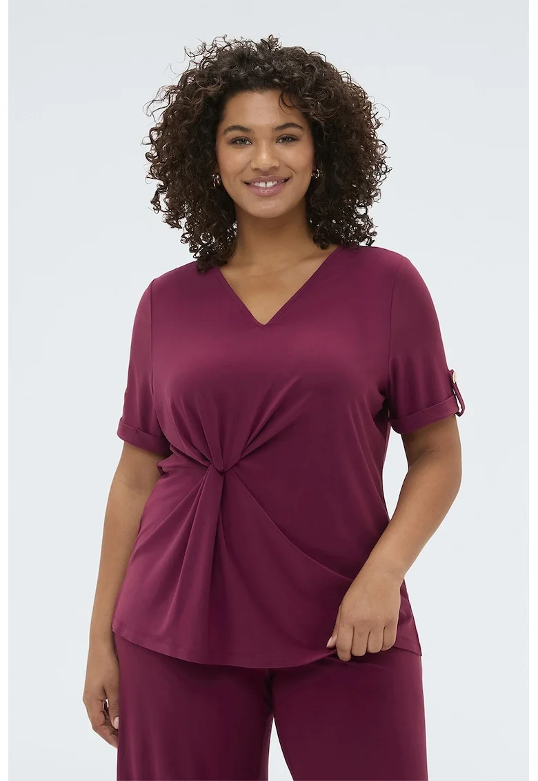Tricou cu decolteu in V si model cu nod, Roz inchis