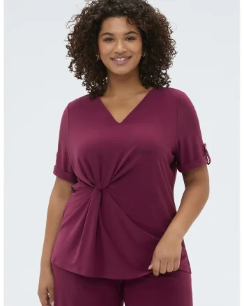 Tricou cu decolteu in V si model cu nod, Roz inchis
