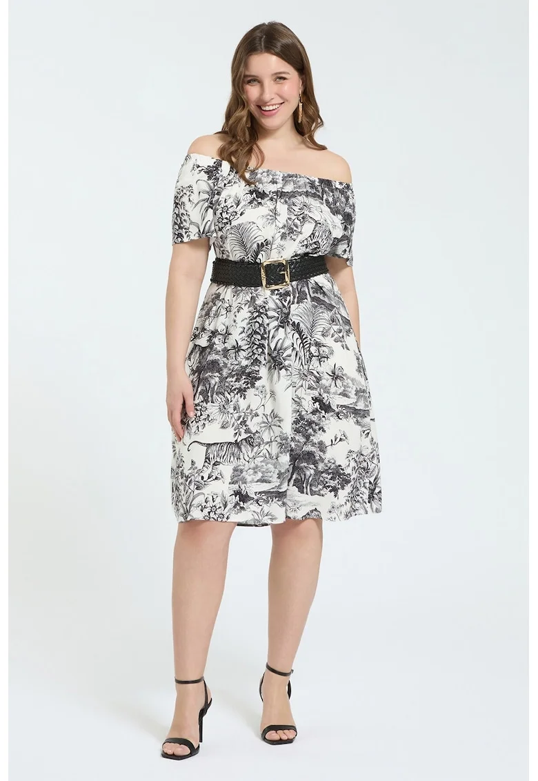 Rochie cu decolteu pe un umar si model floral, Alb/Negru