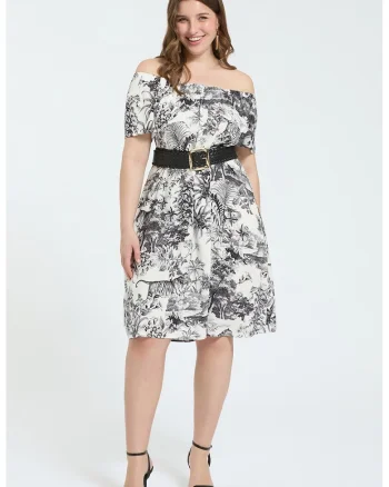 Rochie cu decolteu pe un umar si model floral, Alb/Negru