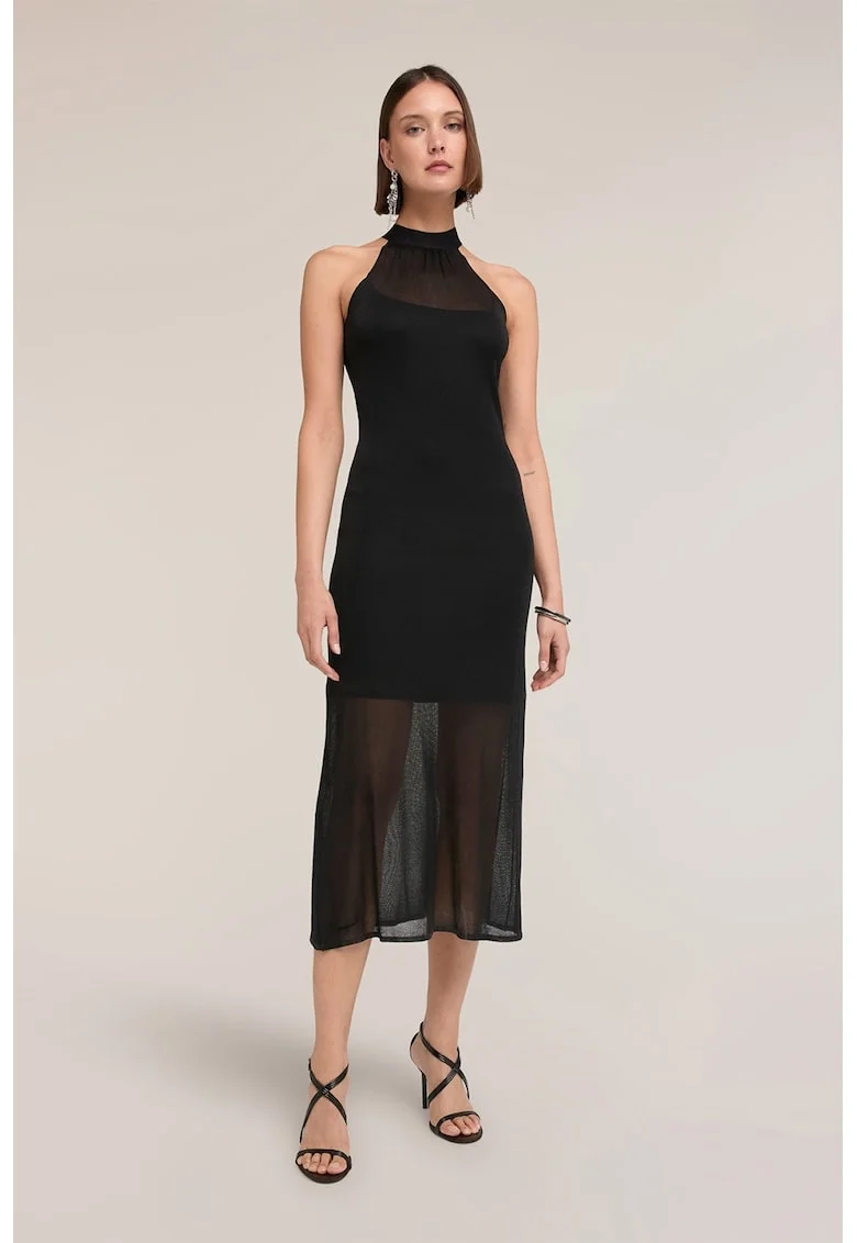Rochie midi cu decolteu halter si segmente semitransparente, Negru