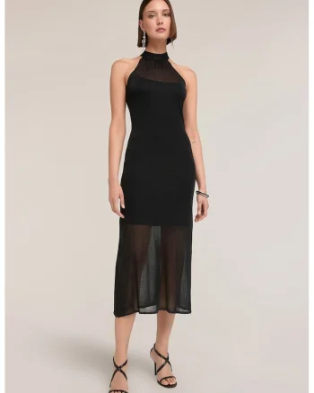 Rochie midi cu decolteu halter si segmente semitransparente, Negru