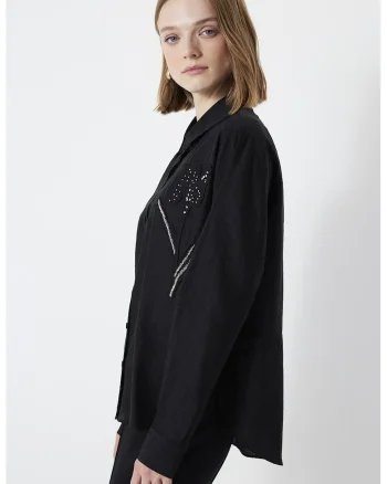 Camasa din amestec de lyocell cu detaliu cu strasuri, Negru/Argintiu