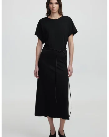Rochie lunga cu model uni si cordon in talie, Negru
