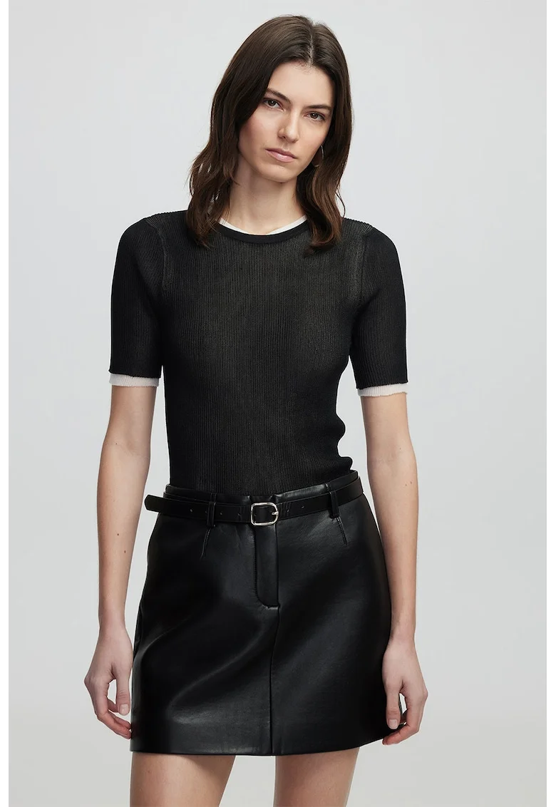 Pulover slim fit cu maneci scurte, Alb/Negru