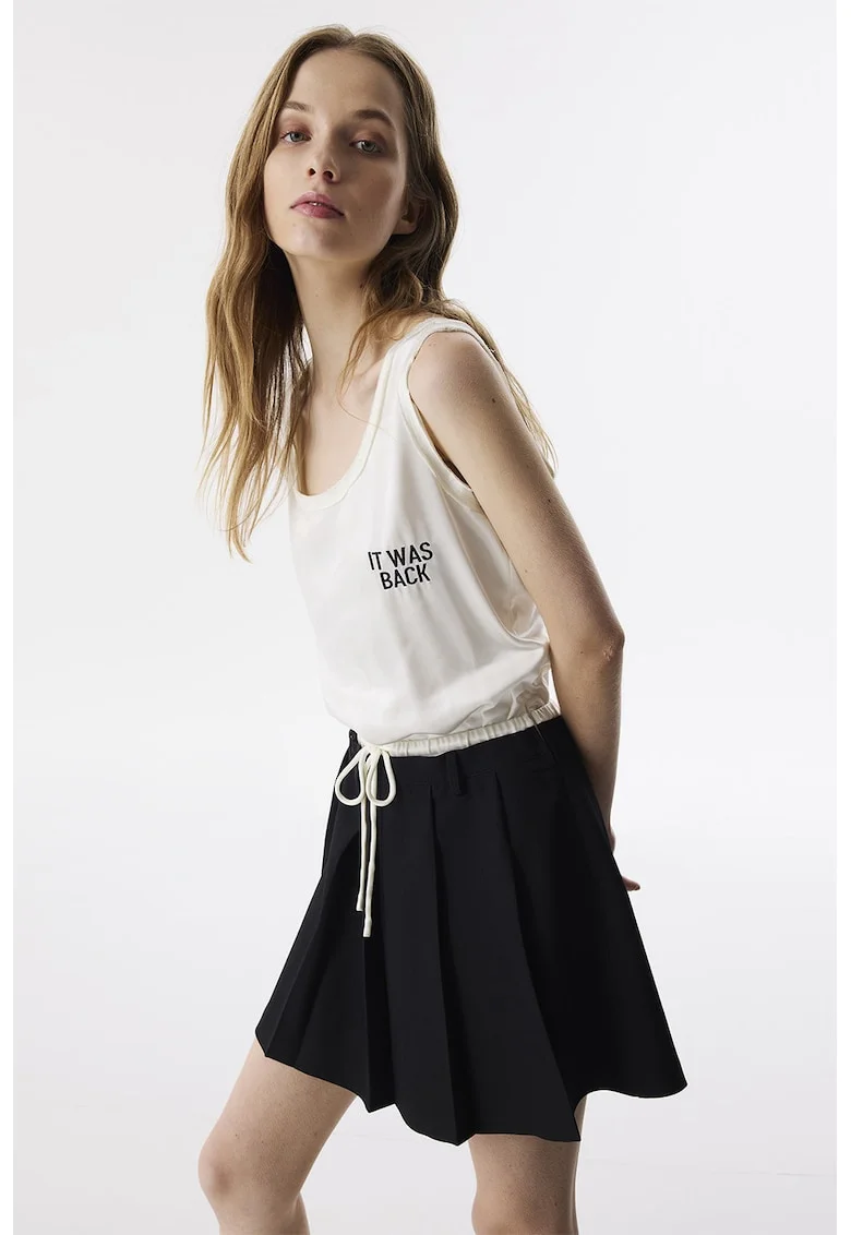 Rochie evazata cu imprimeu text, Alb fildes/Negru