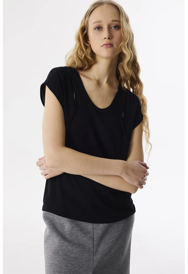 Bluza cu decolteu rotund si decupaj, Negru