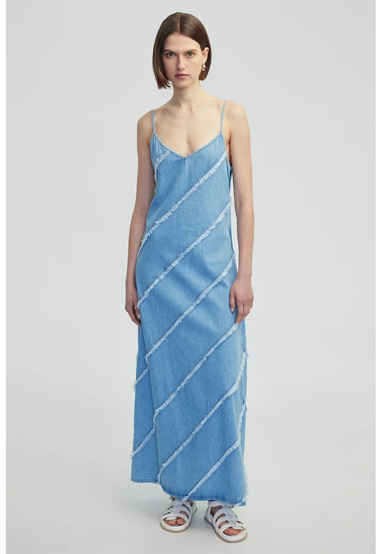 Rochie din denim cu aplicatie diagonala cu franjuri, Albastru deschis melange