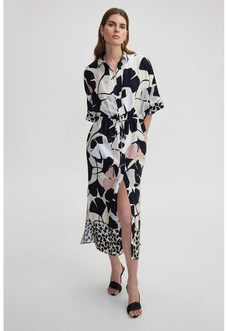 Rochie-camasa cu imprimeu si buzunare laterale, Negru/Bej
