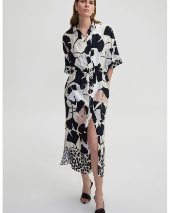 Rochie-camasa cu imprimeu si buzunare laterale, Negru/Bej