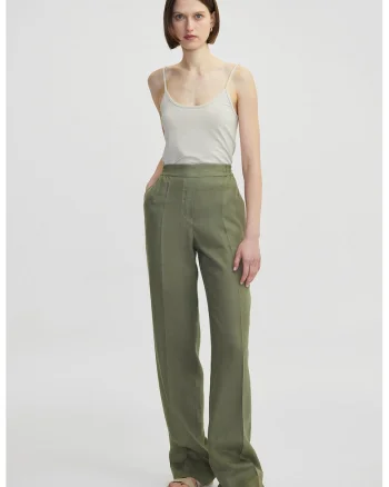 Pantaloni din in cu croiala dreapta si detalii cu pensa, Sage Green
