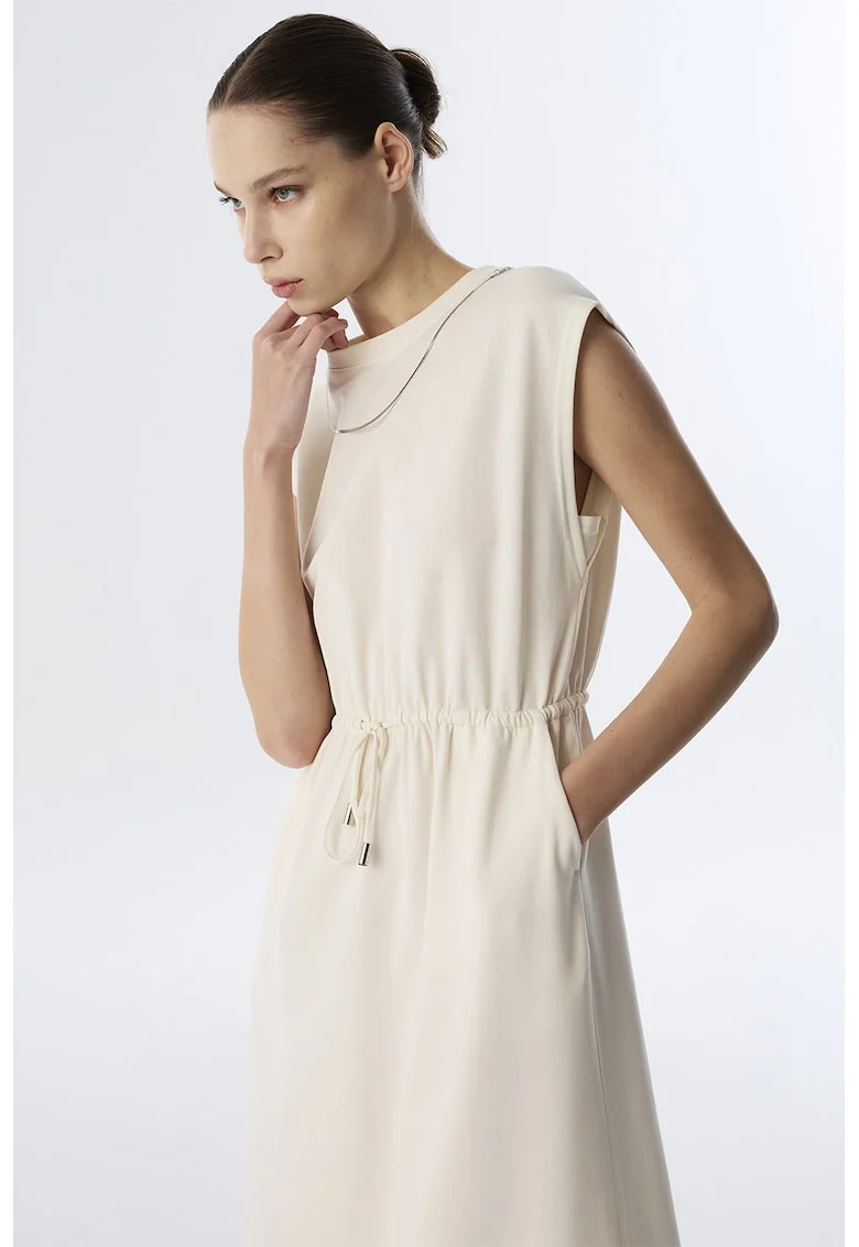Rochie midi evazata fara maneci cu talie ajustabila, Alb fildes