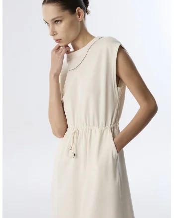Rochie midi evazata fara maneci cu talie ajustabila, Alb fildes
