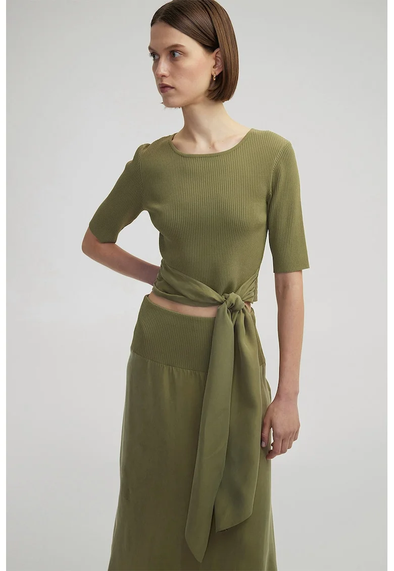 Tricou crop striat cu cordon in talie, Sage Green