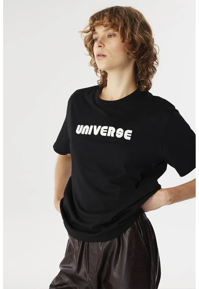 Tricou lejer cu text in relief, Alb/Negru