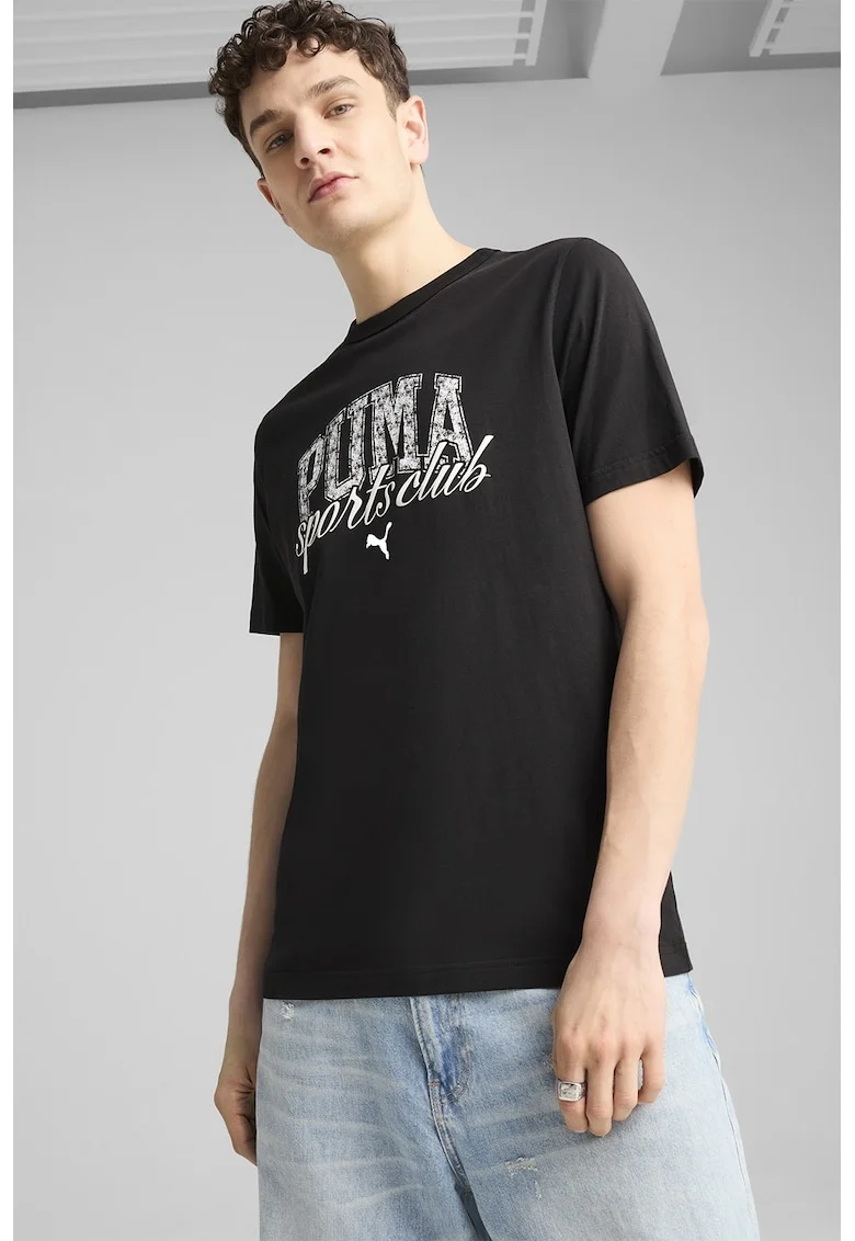 Tricou cu decolteu la baza gatului si imprimeu logo, Negru