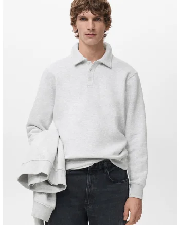 Bluza de trening cu guler polo si croiala regular-fit, Gri deschis melange