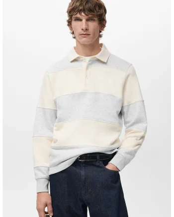 Bluza de trening cu guler polo si dungi, Gri deschis melange/Bej deschis