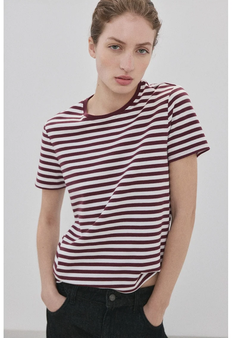 Tricou cu decolteu la baza gatului si dungi, Alb/Visiniu