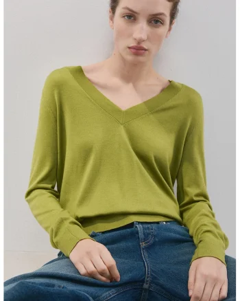 Pulover lejer cu decolteu in V, Verde fistic