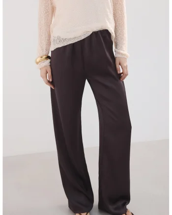 Pantaloni din satin cu croiala dreapta, Maro inchis