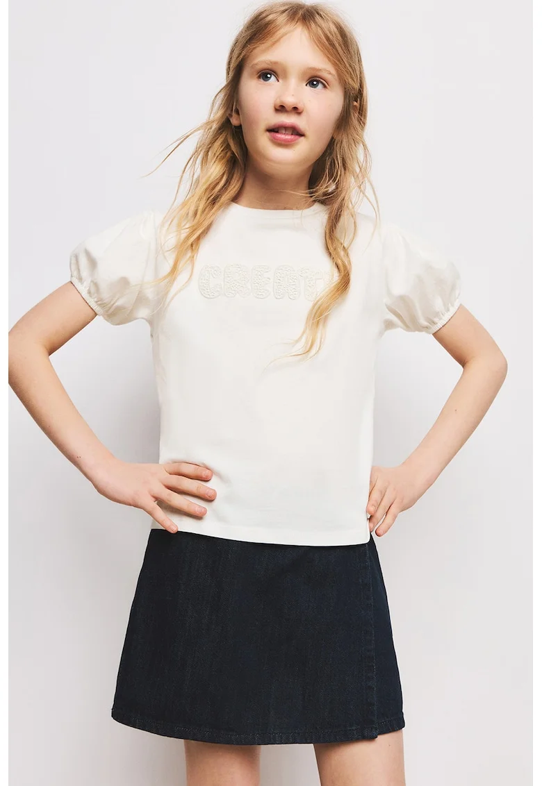 Tricou din bumbac cu decolteu la baza gatului, Alb
