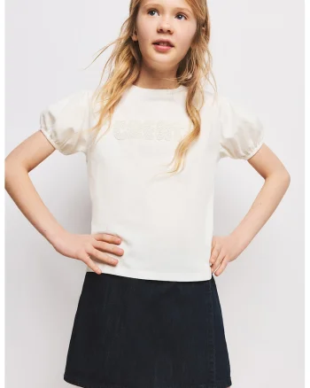 Tricou din bumbac cu decolteu la baza gatului, Alb
