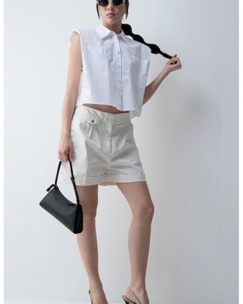 Camasa crop cu umerii structurati, Alb