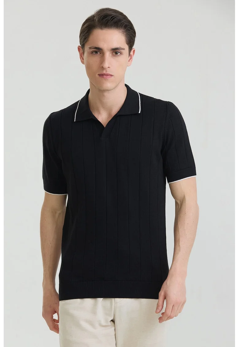 Tricou polo din bumbac cu striatii, Negru