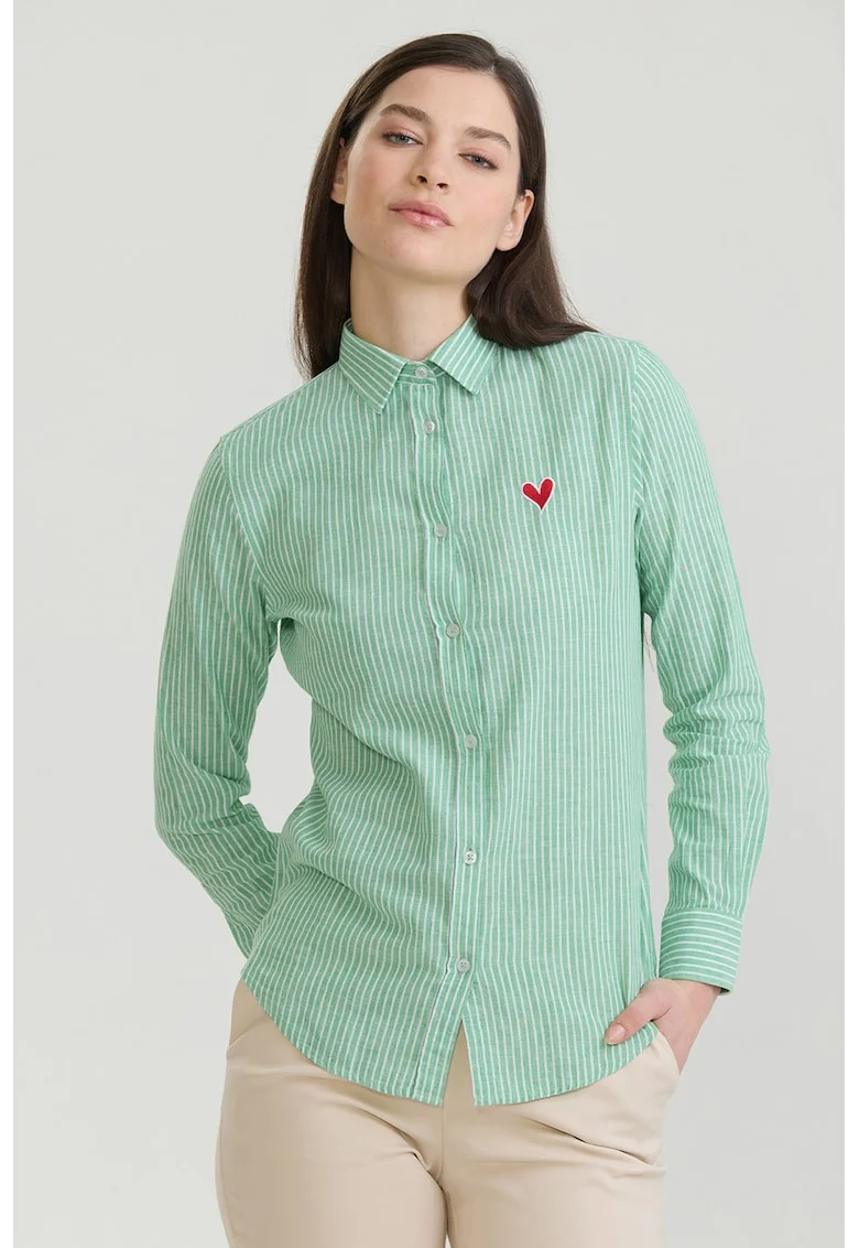 Camasa din amestec de bumbac si in cu dungi, Verde deschis