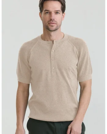 Tricou slim-fit cu guler henley, Bej inchis