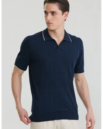 Tricou polo din bumbac cu striatii, Bleumarin