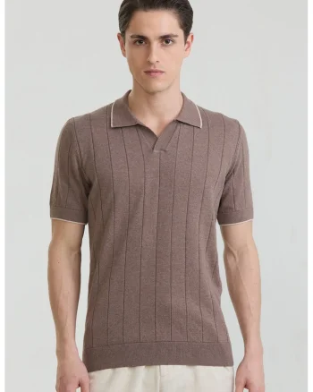 Tricou polo din bumbac cu striatii, Maro pamantiu