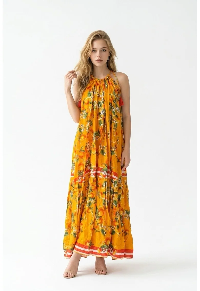Rochie lunga de vara din bumbac cu imprimeu portocaliu cu portocale Amalfi