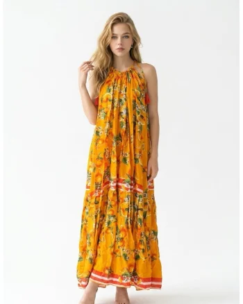 Rochie lunga de vara din bumbac cu imprimeu portocaliu cu portocale Amalfi
