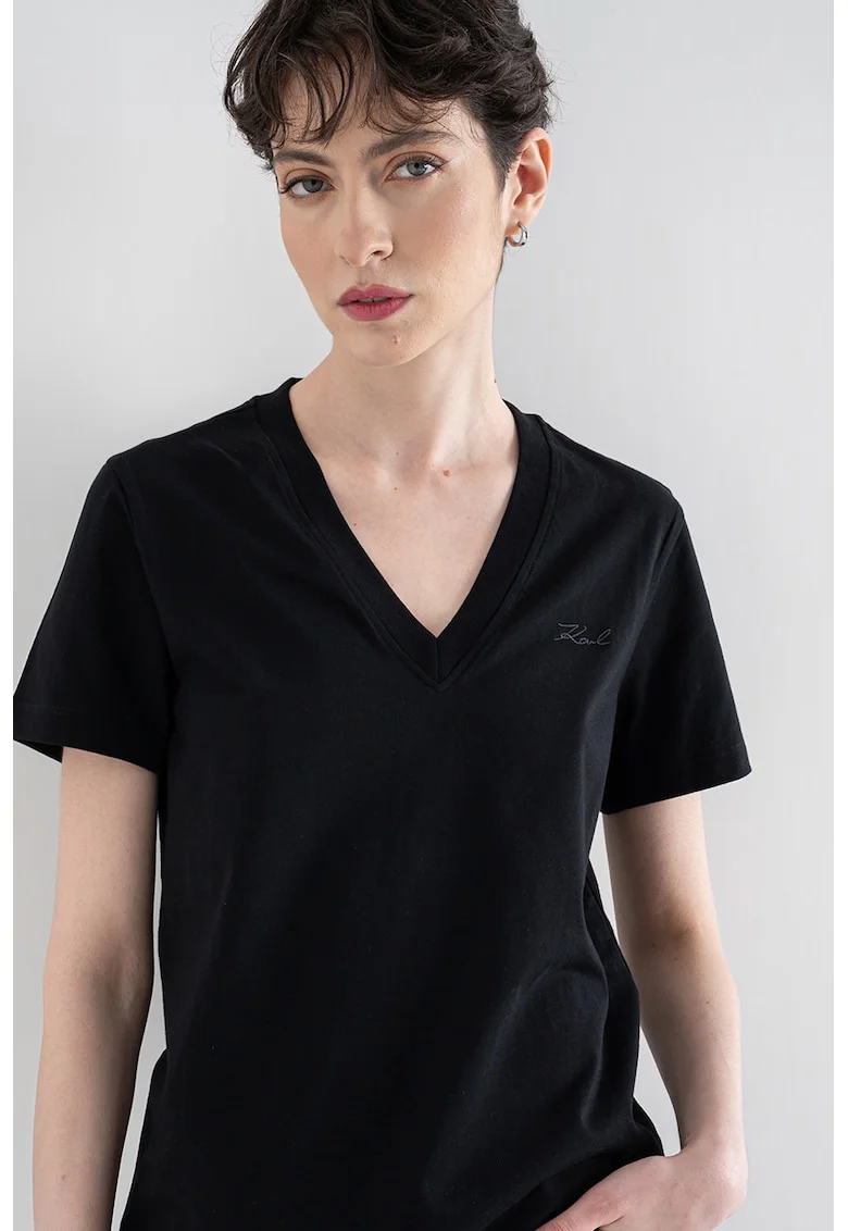 Tricou din bumbac organic cu decolteu in V Essential, Negru