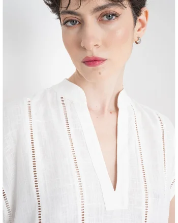 Bluza din amestec de in cu decolteu in V, Crem
