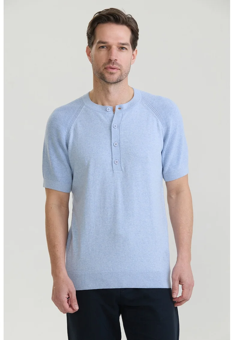 Tricou slim-fit cu guler henley, Albastru pastel