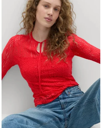 Bluza slim-fit cu model texturat si segmente semitransparente, Rosu vermillion
