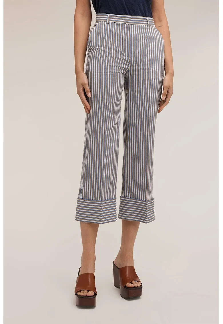 Pantaloni cu model in dungi si buzunare laterale, Alb/Albastru deschis