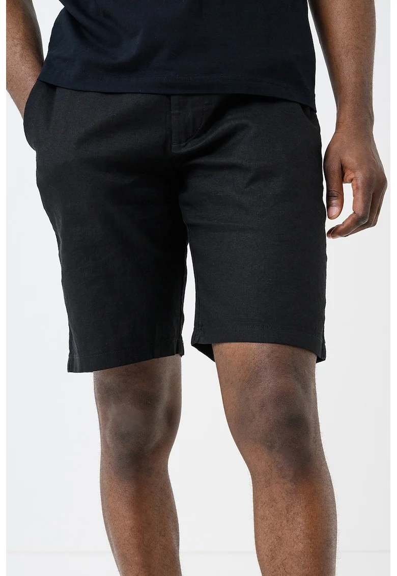 Pantaloni scurti din amestec de in cu snur, Negru