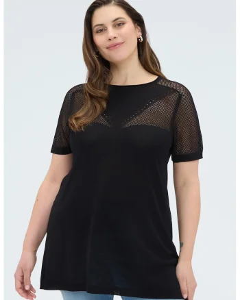 Tricou cu insertii din plasa, Negru