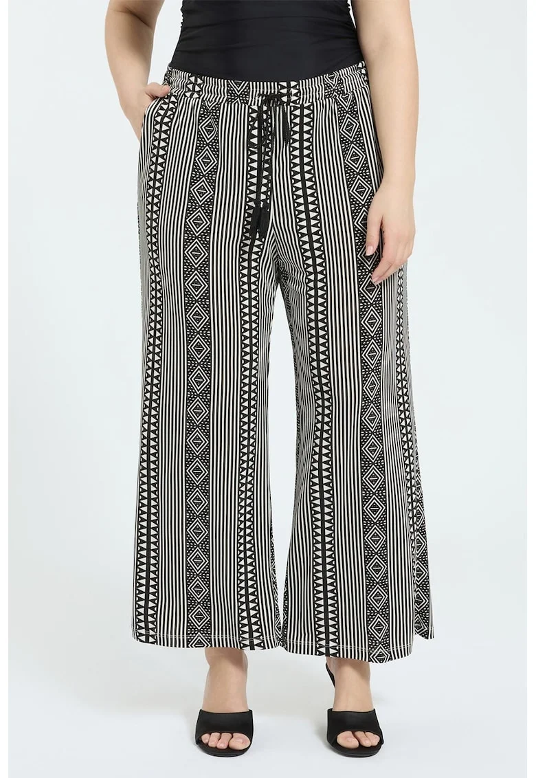 Pantaloni cu talie medie si croiala ampla, Alb/Negru