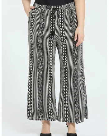 Pantaloni cu talie medie si croiala ampla, Alb/Negru